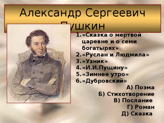 Александр Сергеевич Пушкин «Сказка о мертвой царевне и о семи богатырях» «Руслан и Людмила» «Узник» «И.И.Пущину» «Зимнее утро» «Дубровский» А) Поэма Б) Стихотворение В) Послание Г) Роман Д) Сказка 