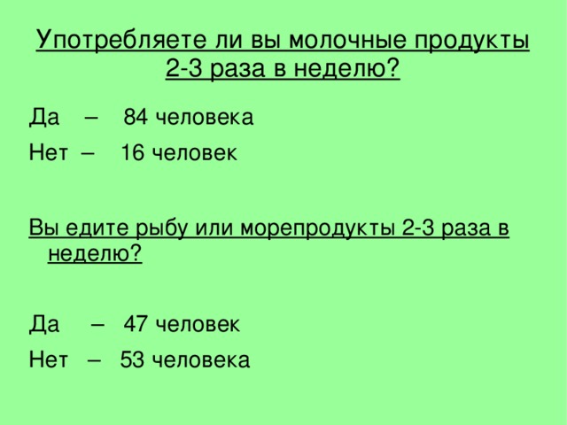 Употребляете ли вы молочные продукты 2-3 раза в неделю? Да – 84 человека Нет – 16 человек Вы едите рыбу или морепродукты 2-3 раза в неделю? Да – 47 человек Нет – 53 человека  