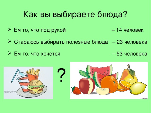 Как вы выбираете блюда?  Ем то, что под рукой – 14 человек  Стараюсь выбирать полезные блюда – 23 человека  Ем то, что хочется – 53 человека ?   