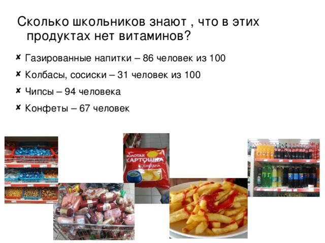 Сколько школьников знают , что в этих продуктах нет витаминов? Газированные напитки – 86 человек из 100 Колбасы, сосиски – 31 человек из 100 Чипсы – 94 человека Конфеты – 67 человек  