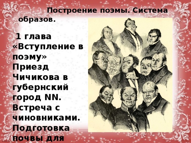 Построение поэмы. Система образов.   1 глава «Вступление в поэму» Приезд Чичикова в губернский город NN. Встреча с чиновниками. Подготовка почвы для авантюры. 