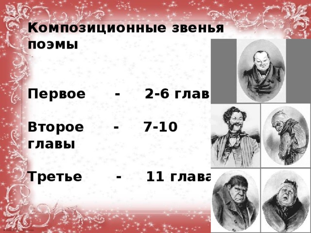 Композиционные звенья поэмы   Первое - 2-6 главы  Второе - 7-10 главы  Третье - 11 глава  