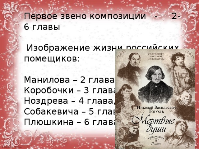 Первое звено композиции - 2-6 главы  Изображение жизни российских помещиков: Манилова – 2 глава, Коробочки – 3 глава, Ноздрева – 4 глава, Собакевича – 5 глава, Плюшкина – 6 глава. 