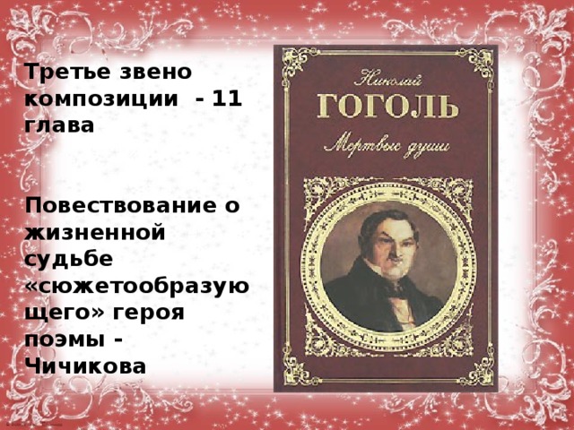 Третье звено композиции - 11 глава   Повествование о жизненной судьбе «сюжетообразующего» героя поэмы - Чичикова 