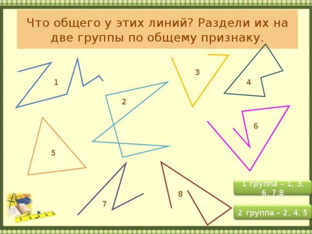 Что общего у этих линий? Раздели их на две группы по общему признаку. 3 1 4 2 6 5 1 группа – 1, 3, 6, 7,8 8 7 2 группа – 2, 4, 5 
