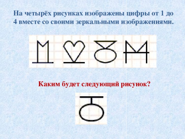 На четырёх рисунках изображены цифры от 1 до 4 вместе со своими зеркальными изображениями. Каким будет следующий рисунок? 