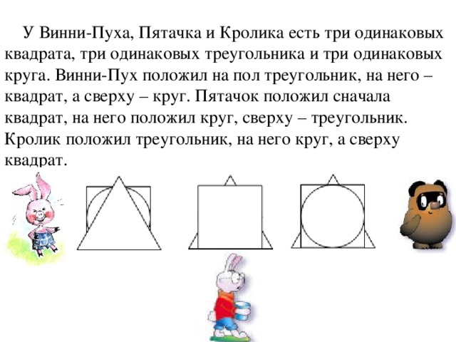  У Винни-Пуха, Пятачка и Кролика есть три одинаковых квадрата, три одинаковых треугольника и три одинаковых круга. Винни-Пух положил на пол треугольник, на него – квадрат, а сверху – круг. Пятачок положил сначала квадрат, на него положил круг, сверху – треугольник. Кролик положил треугольник, на него круг, а сверху квадрат.  У кого что получилось? 