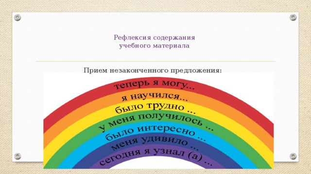  Рефлексия содержания  учебного материала   Прием незаконченного предложения: 