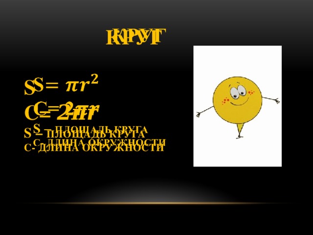  Круг   S  С= 2𝝅𝒓  S – ПЛОЩАДЬ КРУГА  С- длина окружности   