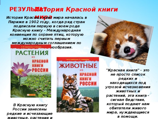 История Красной книги  мира РЕЗУЛЬТАТ правильных ответов 5 История Красных книг мира началась в Париже в 1902 году, когда ряд стран подписали первую в своем роде Красную книгу - Международная конвенция по охране птиц, которую можно считать первым международным соглашением по охране биоразнообразия. неправильных ответов 5 