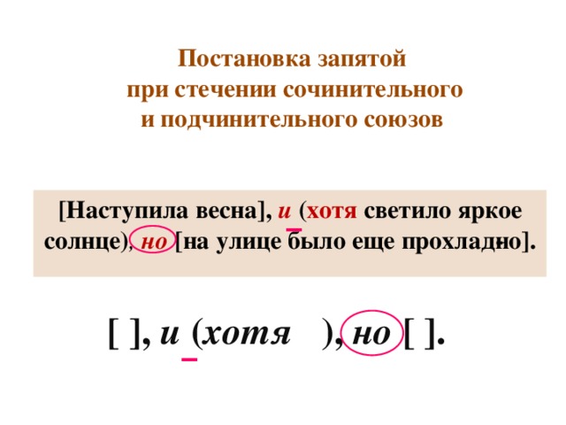 Постановка запятой  при стечении сочинительного и подчинительного союзов _ [Наступила весна],   и   ( хотя светило яркое солнце) ,  но   [на улице было еще прохлад­но]. [ ],  и ( хотя ),  но  [ ]. _ 
