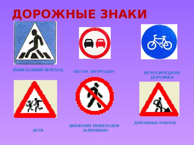 ДОРОЖНЫЕ ЗНАКИ ПЕШЕХОДНЫЙ ПЕРЕХОД Обгон запрещен Велосипедная дорожка ДОРОЖНЫЕ РАБОТЫ ДВИЖЕНИЕ ПЕШЕХОДОВ ЗАПРЕЩЕНО ДЕТИ 