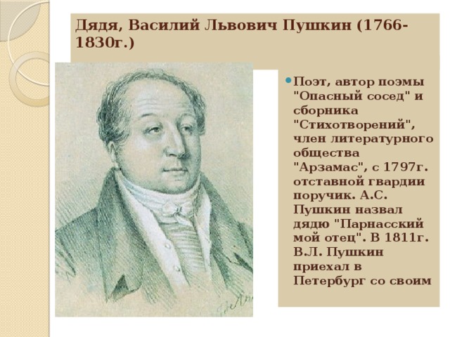 Дядя, Василий Львович Пушкин (1766-1830г.)     Поэт, автор поэмы 