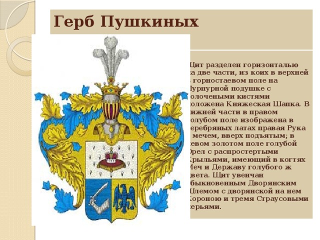 Герб Пушкиных   Щит разделен горизонталью на две части, из коих в верхней в горностаевом поле на Пурпурной подушке с золочеными кистями положена Княжеская Шапка. В нижней части в правом голубом поле изображена в серебряных латах правая Рука с мечем, вверх подъятым; в левом золотом поле голубой Орел с распростертыми Крыльями, имеющий в когтях Меч и Державу голубого ж цвета. Щит увенчан обыкновенным Дворянским Шлемом с дворянской на нем Короною и тремя Страусовыми перьями.  