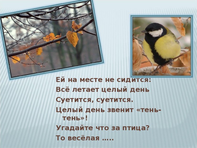 Ей на месте не сидится: Всё летает целый день Суетится, суетится. Целый день звенит «тень- тень»! Угадайте что за птица? То весёлая ….. 