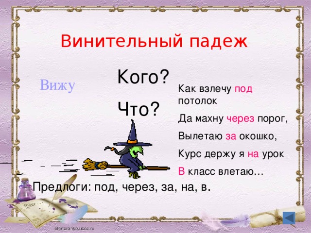 Винительный падеж Кого? Что? Вижу Как взлечу под потолок Да махну через порог, Вылетаю за окошко, Курс держу я на урок В класс влетаю… Предлоги: под, через, за, на, в .