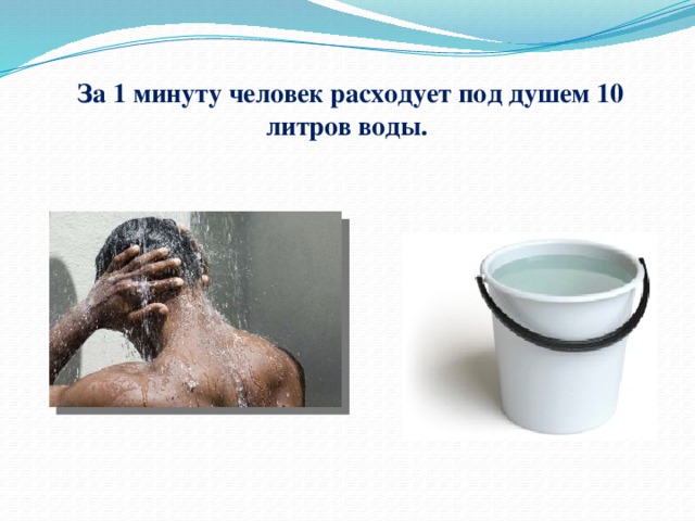 За 1 минуту человек расходует под душем 10 литров воды. 