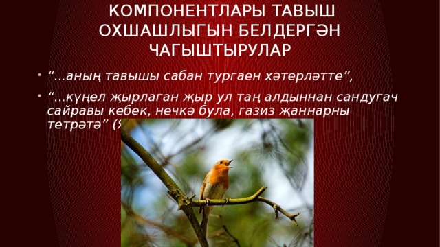  Компонентлары тавыш охшашлыгын белдергән чагыштырулар “ ...аның тавышы сабан тургаен хәтерләтте”, “ ...күңел җырлаган җыр ул таң алдыннан сандугач сайравы кебек, нечкә була, газиз җаннарны тетрәтә” (Яшь йөрәкләр. Г.И.). 
