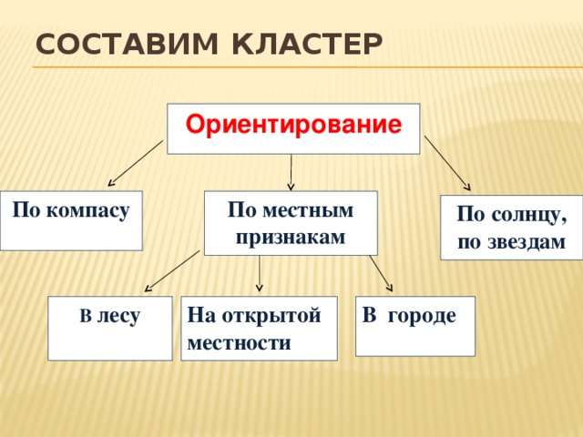 Составим кластер Ориентирование По компасу По местным признакам По солнцу, по звездам В лесу На открытой местности В городе 
