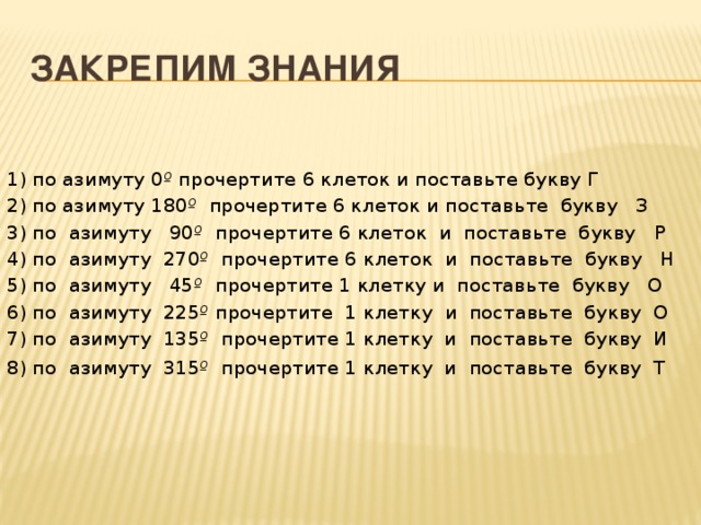 Закрепим знания 1) по азимуту 0 º  прочертите 6 клеток и поставьте букву Г 2) по азимуту 180 º   прочертите 6 клеток и поставьте  букву   З 3) по  азимуту   90 º   прочертите 6 клеток  и  поставьте  букву   Р 4) по  азимуту  270 º   прочертите 6 клеток  и  поставьте  букву   Н 5) по  азимуту   45 º   прочертите 1 клетку и  поставьте  букву   О 6) по  азимуту  225 º прочертите  1 клетку  и  поставьте  букву  О 7) по  азимуту  135 º   прочертите 1 клетку  и  поставьте  букву  И  8) по  азимуту  315 º   прочертите 1 клетку  и  поставьте  букву  Т    