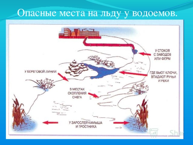   Опасные места на льду у водоемов. 