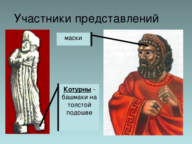 Участники представлений маски Котурны - башмаки на толстой подошве 