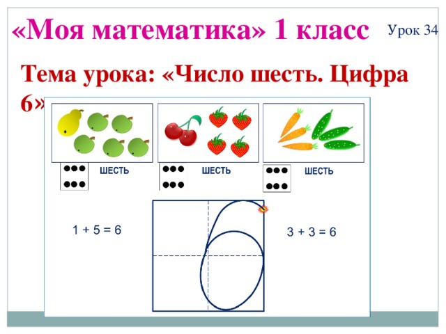 «Моя математика» 1 класс Урок 34 Тема урока: «Число шесть. Цифра 6 » 