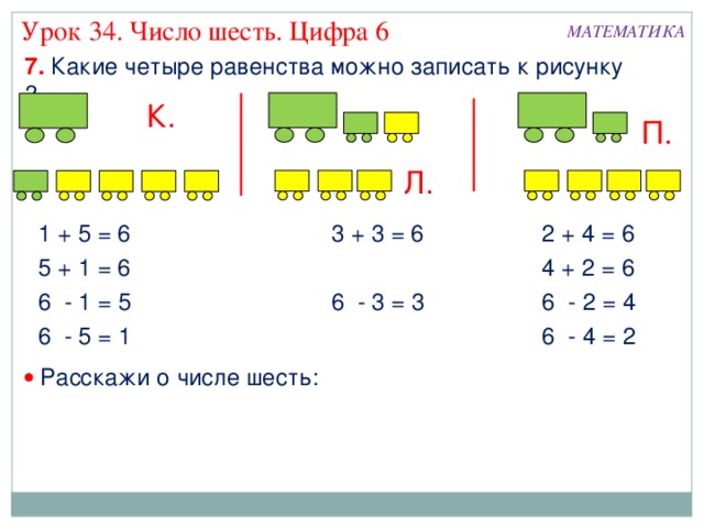 Урок 34. Число шесть. Цифра 6 МАТЕМАТИКА 7. Какие четыре равенства можно записать к рисунку ? К. П. Л. 3 + 3 = 6 1 + 5 = 6 2 + 4 = 6 5 + 1 = 6 4 + 2 = 6 6 - 2 = 4 6 - 1 = 5 6 - 3 = 3 6 - 4 = 2 6 - 5 = 1   Расскажи о числе шесть: 