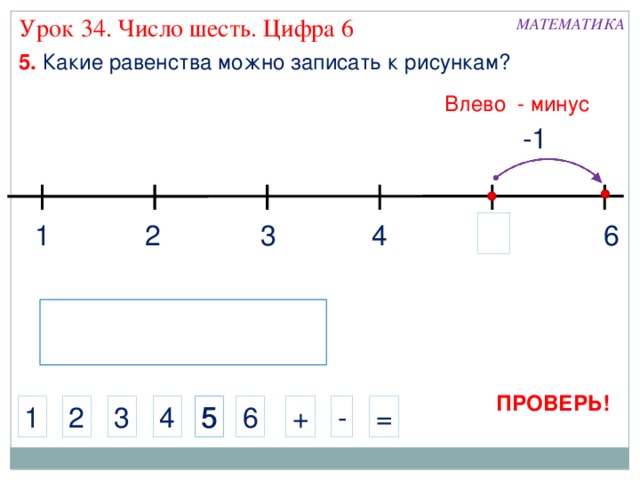 Урок 34. Число шесть. Цифра 6 МАТЕМАТИКА 5. Какие равенства можно записать к рисункам? Влево - минус -1 1 6 4 2 3 ПРОВЕРЬ! 5 6 3 5 4 1 2 - + = 