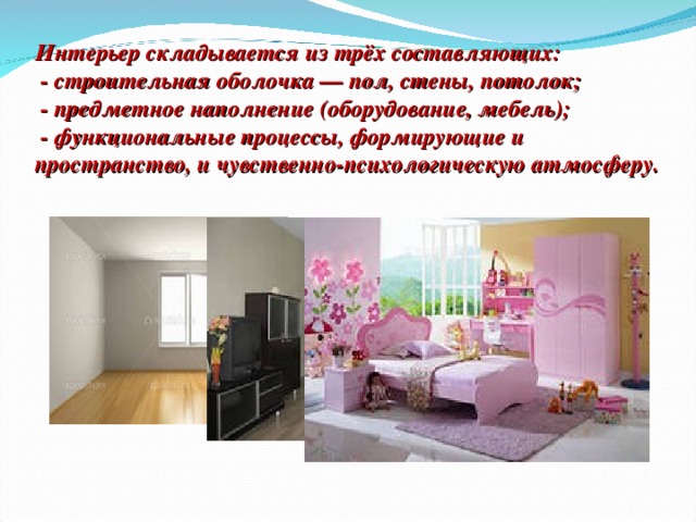 Интерьер складывается из трёх составляющих:  - строительная оболочка — пол, стены, потолок;  - предметное наполнение (оборудование, мебель);  - функциональные процессы, формирующие и пространство, и чувственно-психологическую атмосферу.   