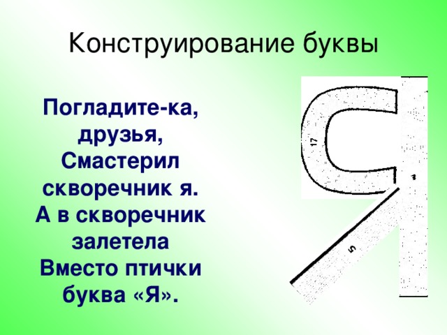 Конструирование буквы Погладите-ка, друзья, Смастерил скворечник я. А в скворечник залетела Вместо птички буква «Я». 