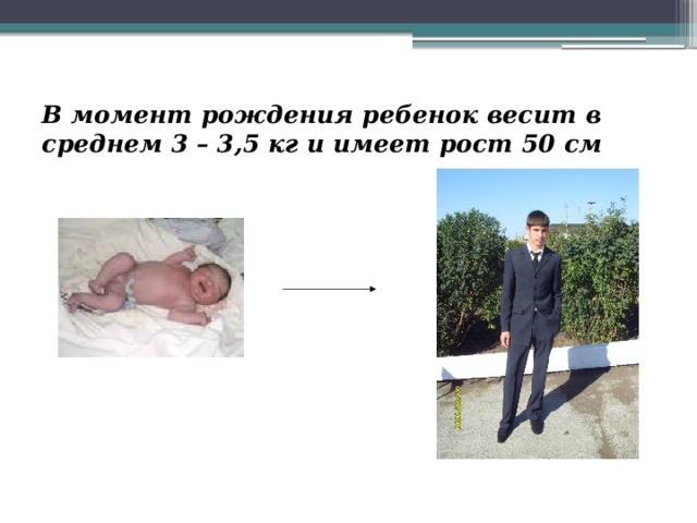 В момент рождения ребенок весит в среднем 3 – 3,5 кг и имеет рост 50 см 