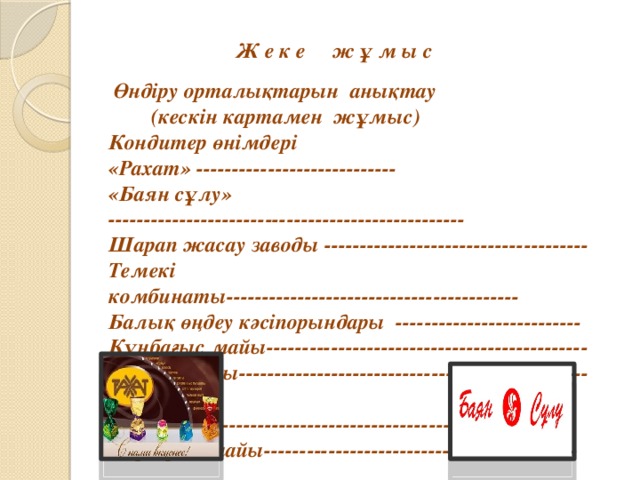 Ж е к е ж ұ м ы с  Өндіру орталықтарын  анықтау (кескін картамен  жұмыс) Кондитер өнімдері  «Рахат» ---------------------------- «Баян сұлу» -------------------------------------------------- Шарап жасау заводы ------------------------------------- Темекі комбинаты----------------------------------------- Балық өңдеу кәсіпорындары  -------------------------- Күнбағыс майы--------------------------------------------- Мақта майы------------------------------------------------- Қант зауыты------------------------------------------------ Маргарин майы--------------------------------------------   