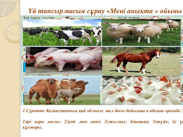 Үй тапсырмасын сұрау «Мені анықта » ойыны 1.Суретте Қазақстанның қай облысы мал басы бойынша алдыңға орында ?  1)ірі қара малы; 2)қой мен ешкі; 3)жылқы; 4)шошқа; 5)түйе; 6) үй құстары. 