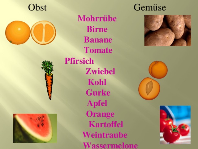 Obst   Gemüse Mohrrübe Birne  Banane  Tomate  Pfirsich  Zwiebel Kohl  Gurke Apfel  Orange  Kartoffel  Weintraube  Wassermelone 