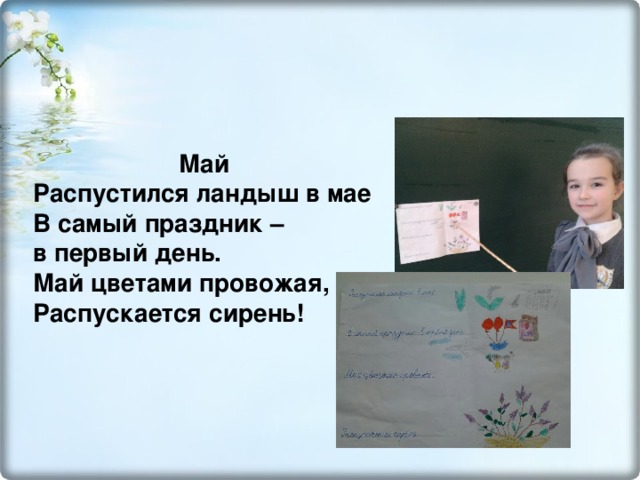  Май  Распустился ландыш в мае  В самый праздник –  в первый день.  Май цветами провожая,  Распускается сирень! 