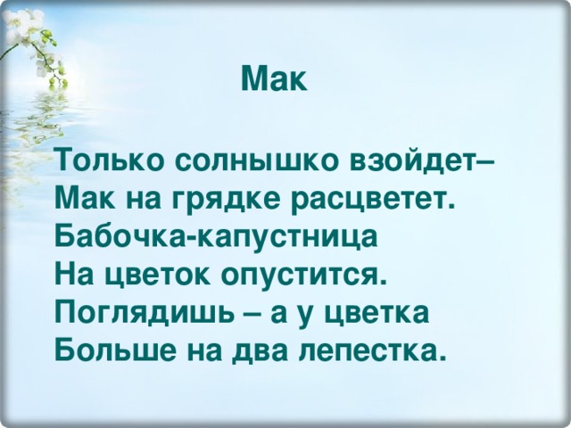   Мак  Только солнышко взойдет–  Мак на грядке расцветет.  Бабочка-капустница  На цветок опустится.  Поглядишь – а у цветка  Больше на два лепестка. 