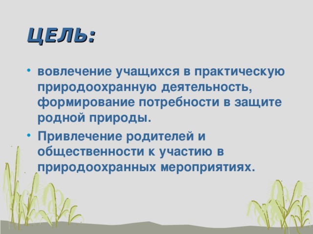 ЦЕЛЬ: вовлечение учащихся в практическую природоохранную деятельность, формирование потребности в защите родной природы. Привлечение родителей и общественности к участию в природоохранных мероприятиях.   