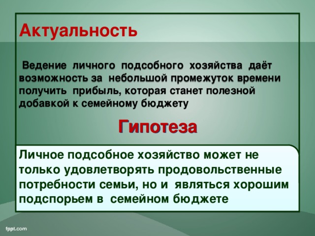 Актуальность  Ведение личного подсобного хозяйства даёт возможность за небольшой промежуток времени получить прибыль, которая станет полезной добавкой к семейному бюджету Гипотеза Личное подсобное хозяйство может не только удовлетворять продовольственные потребности семьи, но и являться хорошим подспорьем в семейном бюджете