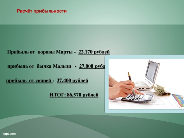 От личного подворья за год Расчёт прибыльности  Прибыль от коровы Марты - 22.170 рублей   прибыль от бычка Малыш - 27.000 рублей  прибыль от свиней - 37.400 рублей  ИТОГ: 86.570 рублей    