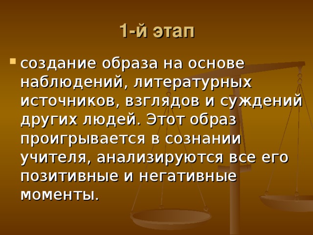 1-й этап создание образа на основе наблюдений, литературных источников, взглядов и суждений других людей. Этот образ проигрывается в сознании учителя, анализируются все его позитивные и негативные моменты. 