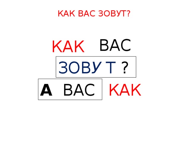 КАК ВАС ЗОВУТ? ВАС  КАК  ЗОВ У Т ? А  ВАС  КАК  