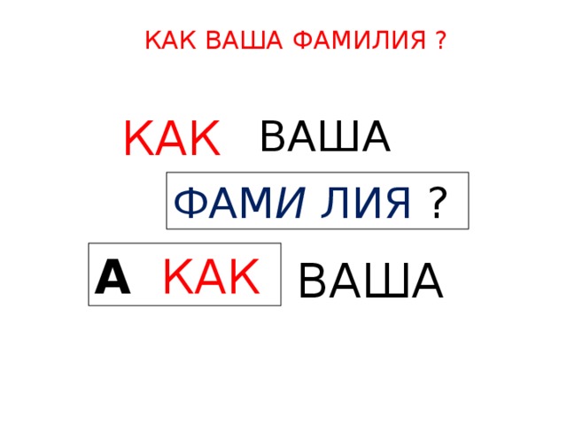 КАК ВАША ФАМИЛИЯ ? ВАША  КАК  ФАМ И ЛИЯ ? А  КАК  ВАША  