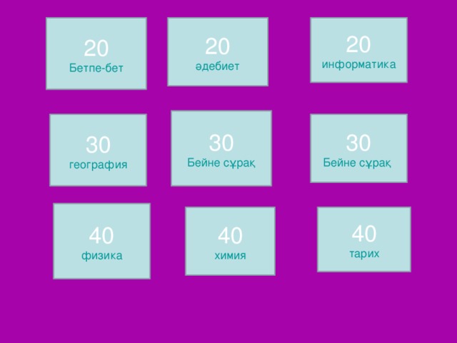 20 Бетпе-бет 20 әдебиет 20 информатика 30 Бейне сұрақ 30 география 30 Бейне сұрақ  40 физика 40 химия 40 тарих 