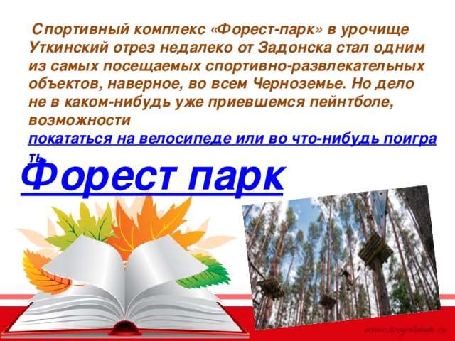  Спортивный комплекс «Форест-парк» в урочище Уткинский отрез недалеко от Задонска стал одним из самых посещаемых спортивно-развлекательных объектов, наверное, во всем Черноземье. Но дело не в каком-нибудь уже приевшемся пейнтболе, возможности  покататься на велосипеде или во что-нибудь поиграть. Форест парк  