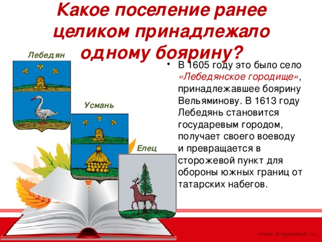 Какое поселение ранее целиком принадлежало одному боярину? Лебедянь В 1605 году это было село «Лебедянское городище» , принадлежавшее боярину Вельяминову. В 1613 году Лебедянь становится государевым городом, получает своего воеводу и превращается в сторожевой пункт для обороны южных границ от татарских набегов. Усмань Елец 