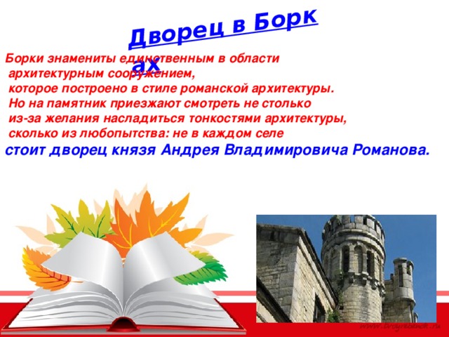   Борки знамениты единственным в области  архитектурным сооружением,  которое построено в стиле романской архитектуры.  Но на памятник приезжают смотреть не столько  из-за желания насладиться тонкостями архитектуры,  сколько из любопытства: не в каждом селе   стоит дворец князя Андрея Владимировича Романова.  Дворец в Борках 