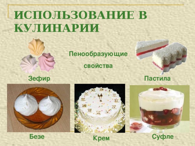 ИСПОЛЬЗОВАНИЕ В КУЛИНАРИИ Пенообразующие  свойства Зефир Пастила Безе Суфле Крем 