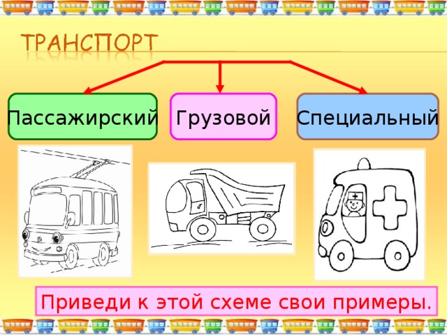 Грузовой Пассажирский Специальный Приведи к этой схеме свои примеры. 