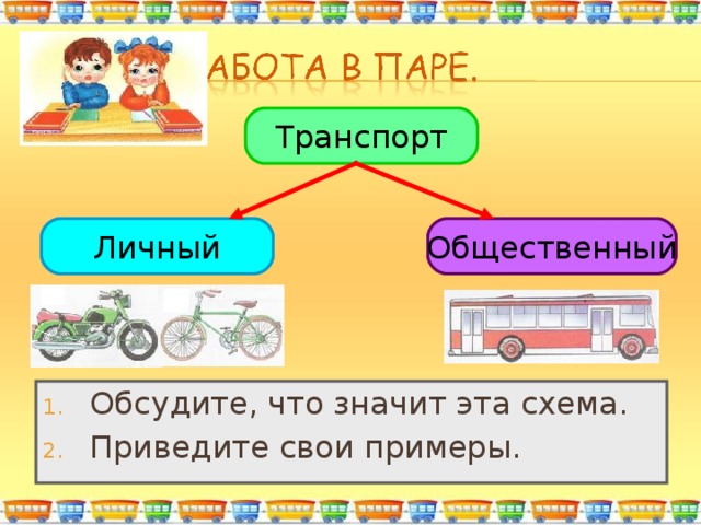 Транспорт Личный Общественный Обсудите, что значит эта схема. Приведите свои примеры. 